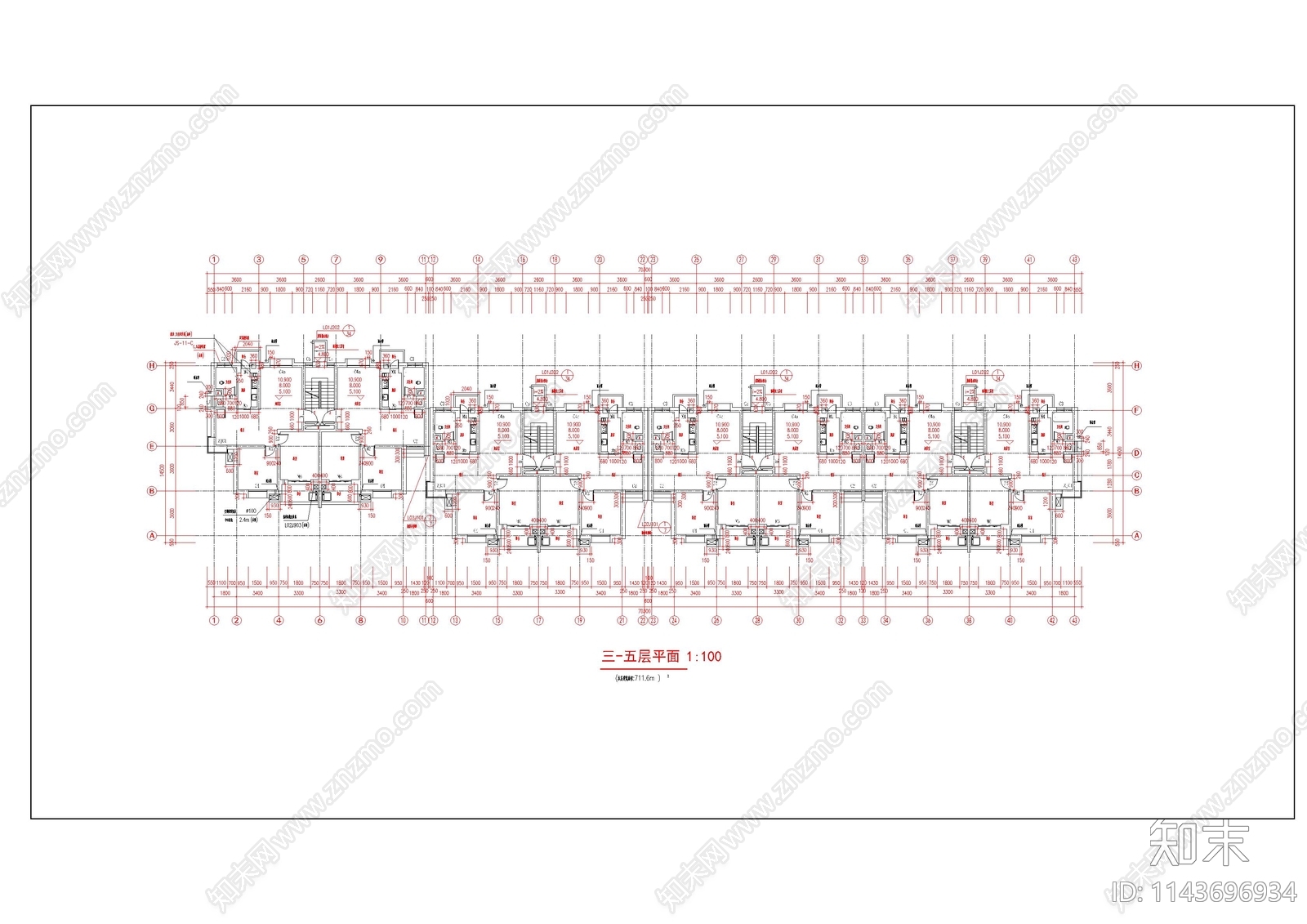 小区住宅楼建筑cad施工图下载【ID:1143696934】