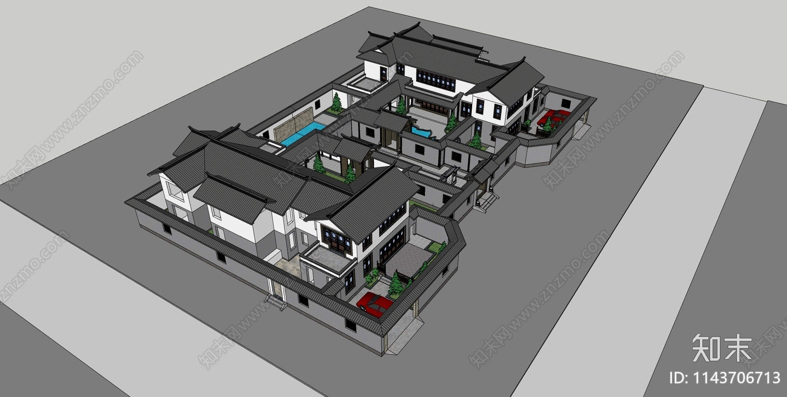 中式古建筑合院别墅SU模型下载【ID:1143706713】