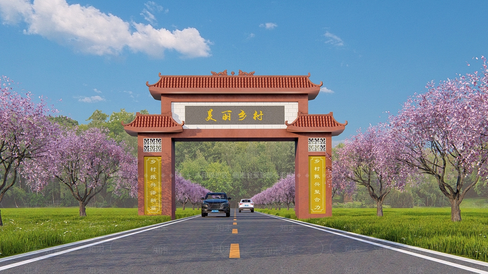 新中式乡村入口牌坊SU模型下载【ID:1143730543】