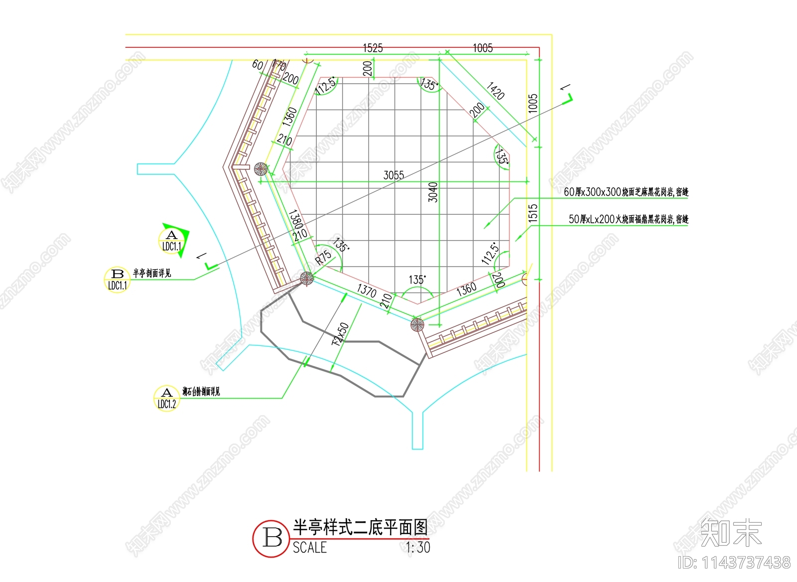 仿古八角半亭cad施工图下载【ID:1143737438】
