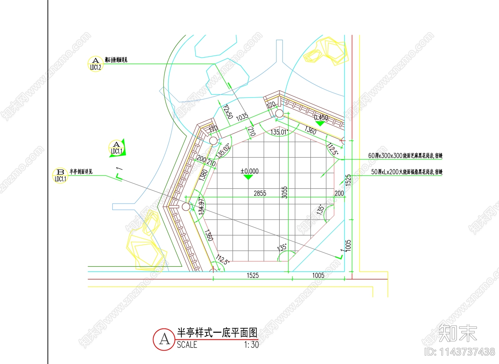 仿古八角半亭cad施工图下载【ID:1143737438】