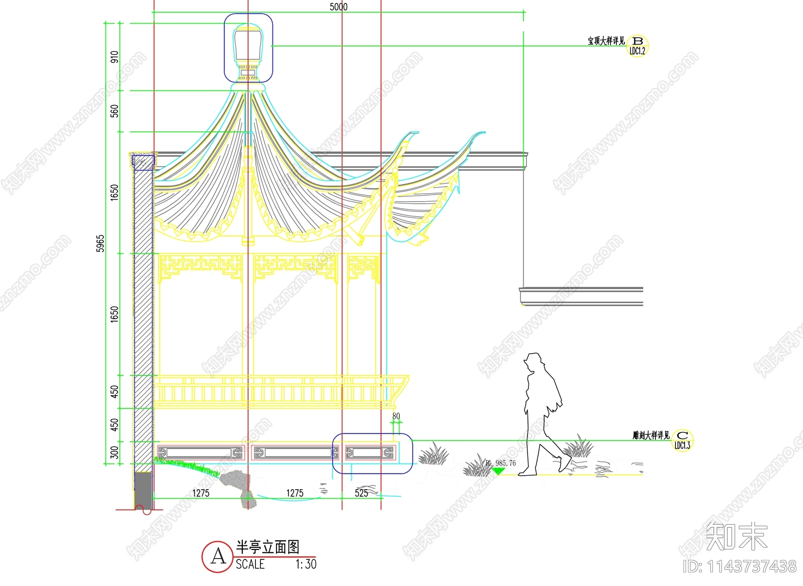 仿古八角半亭cad施工图下载【ID:1143737438】