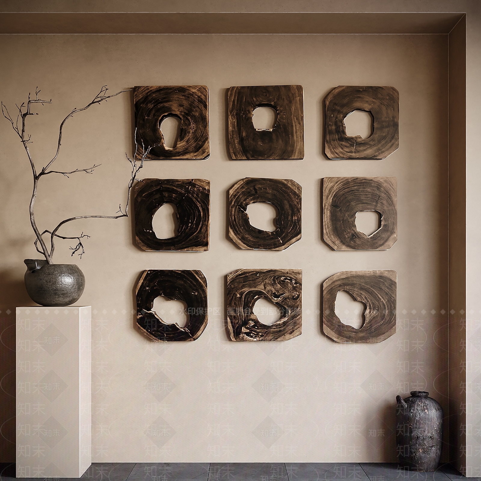 侘寂风木雕墙饰3D模型下载【ID:1143751901】