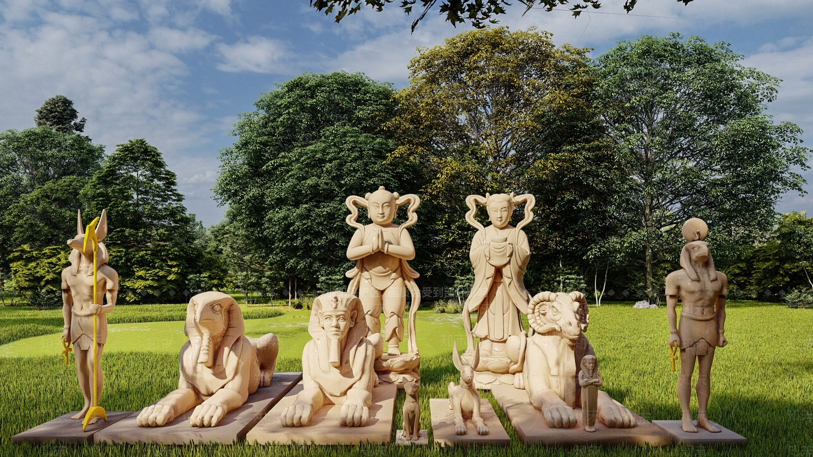 中式古代雕塑小品狮身人面像SU模型下载【ID:1143762767】