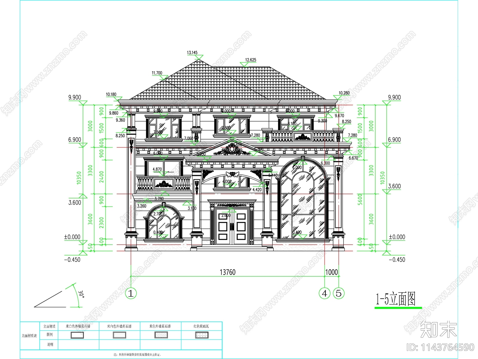 欧式三层独栋别墅建筑cad施工图下载【ID:1143764590】