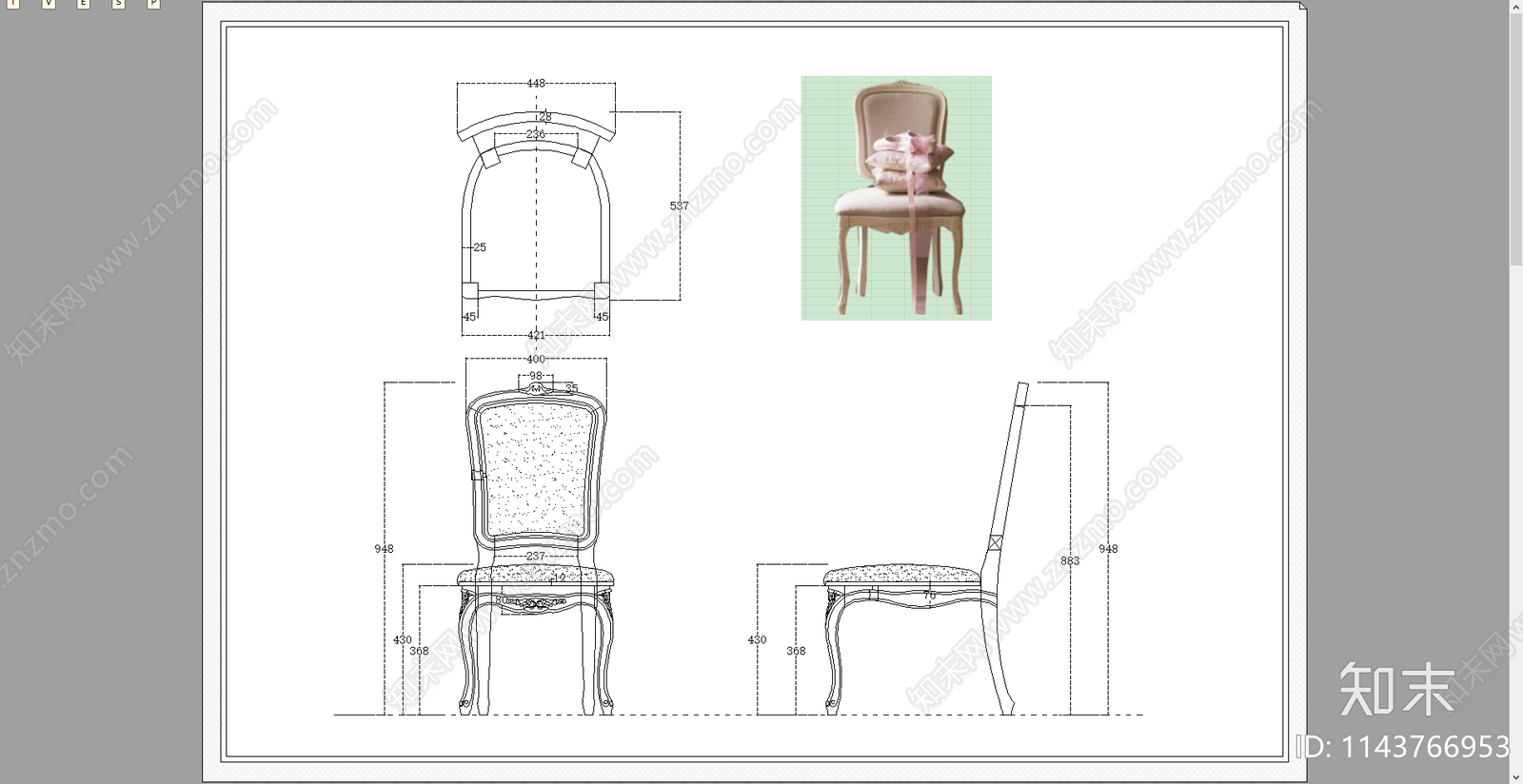 欧式餐椅书椅三视图cad施工图下载【ID:1143766953】