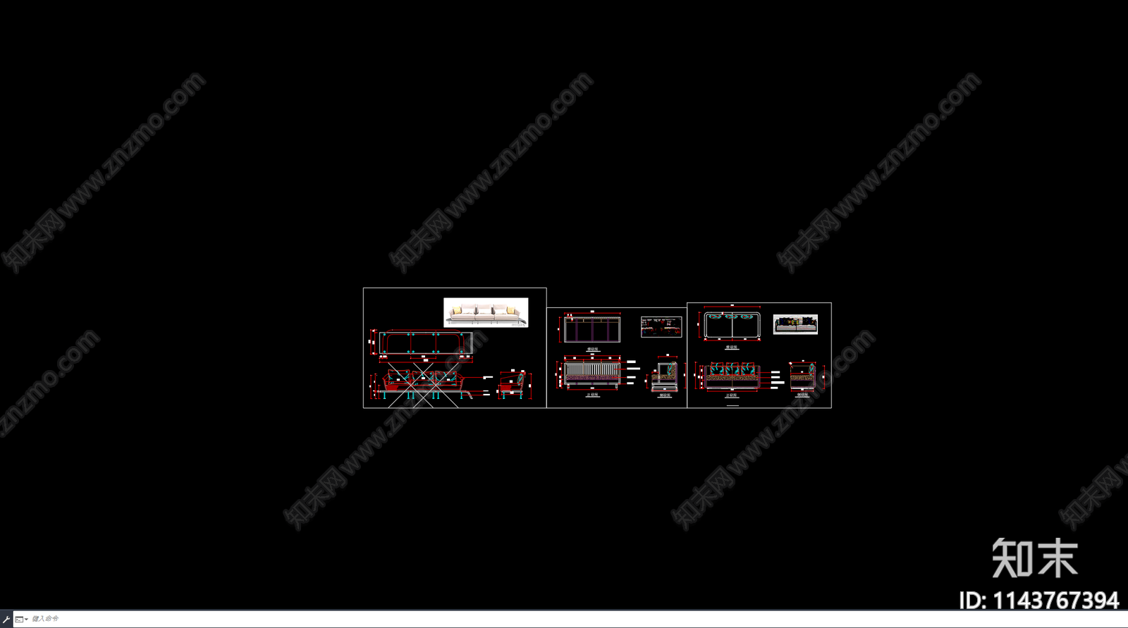 软体沙发多人沙发三视图cad施工图下载【ID:1143767394】