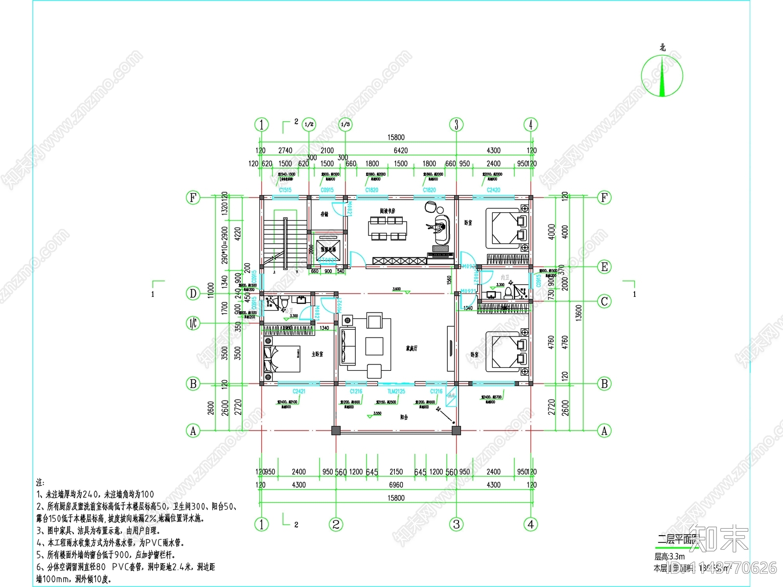 简欧三层独栋别墅建筑施工图下载【ID:1143770626】