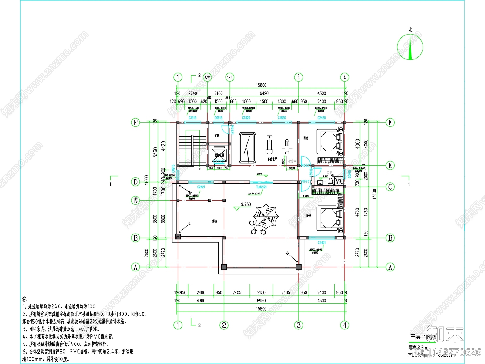 简欧三层独栋别墅建筑施工图下载【ID:1143770626】