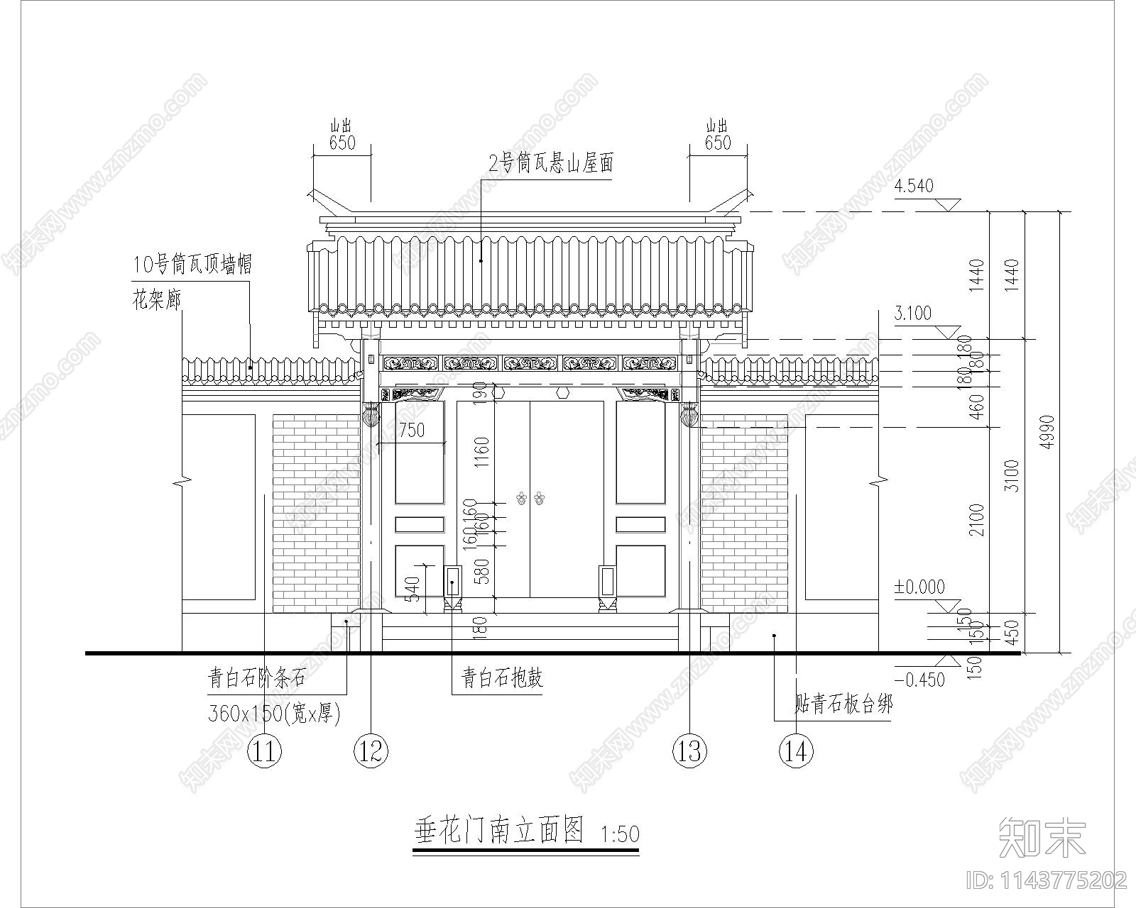 仿古建筑门楼cad施工图下载【ID:1143775202】