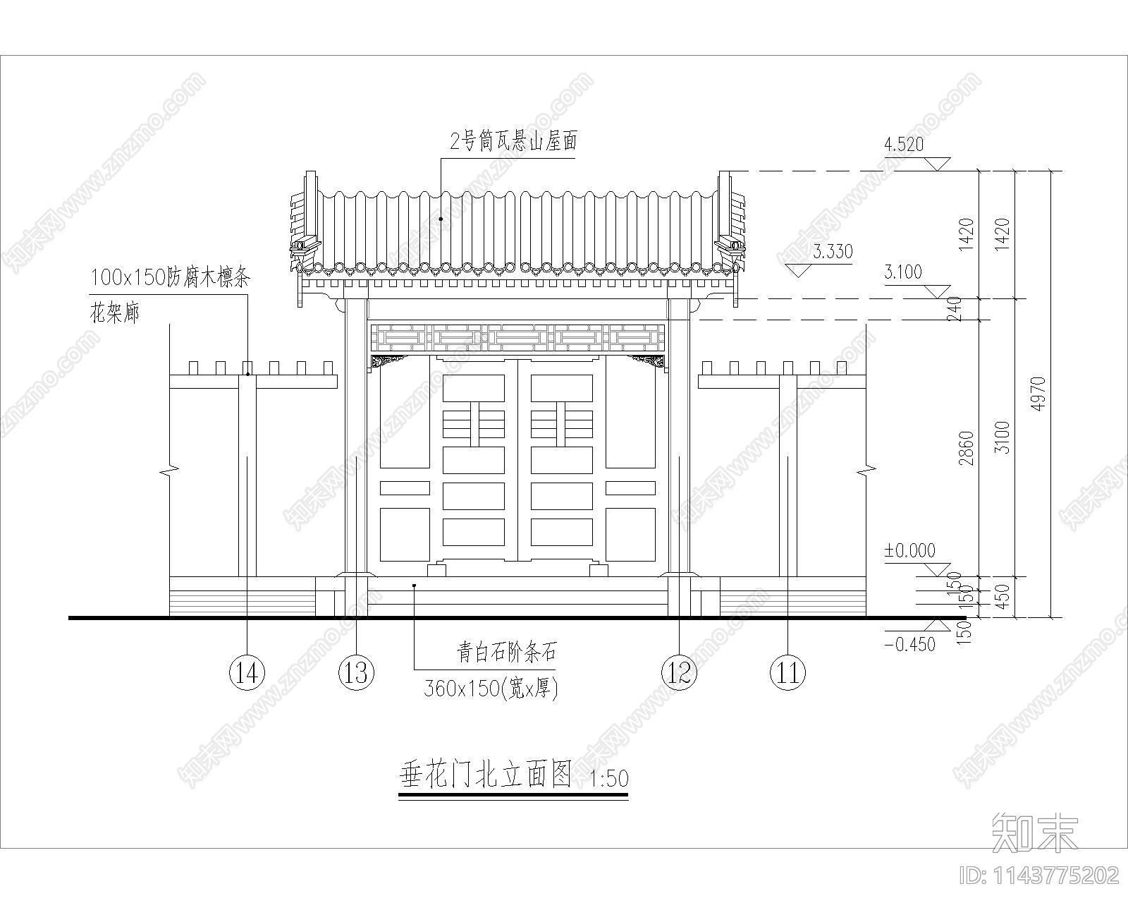 仿古建筑门楼cad施工图下载【ID:1143775202】