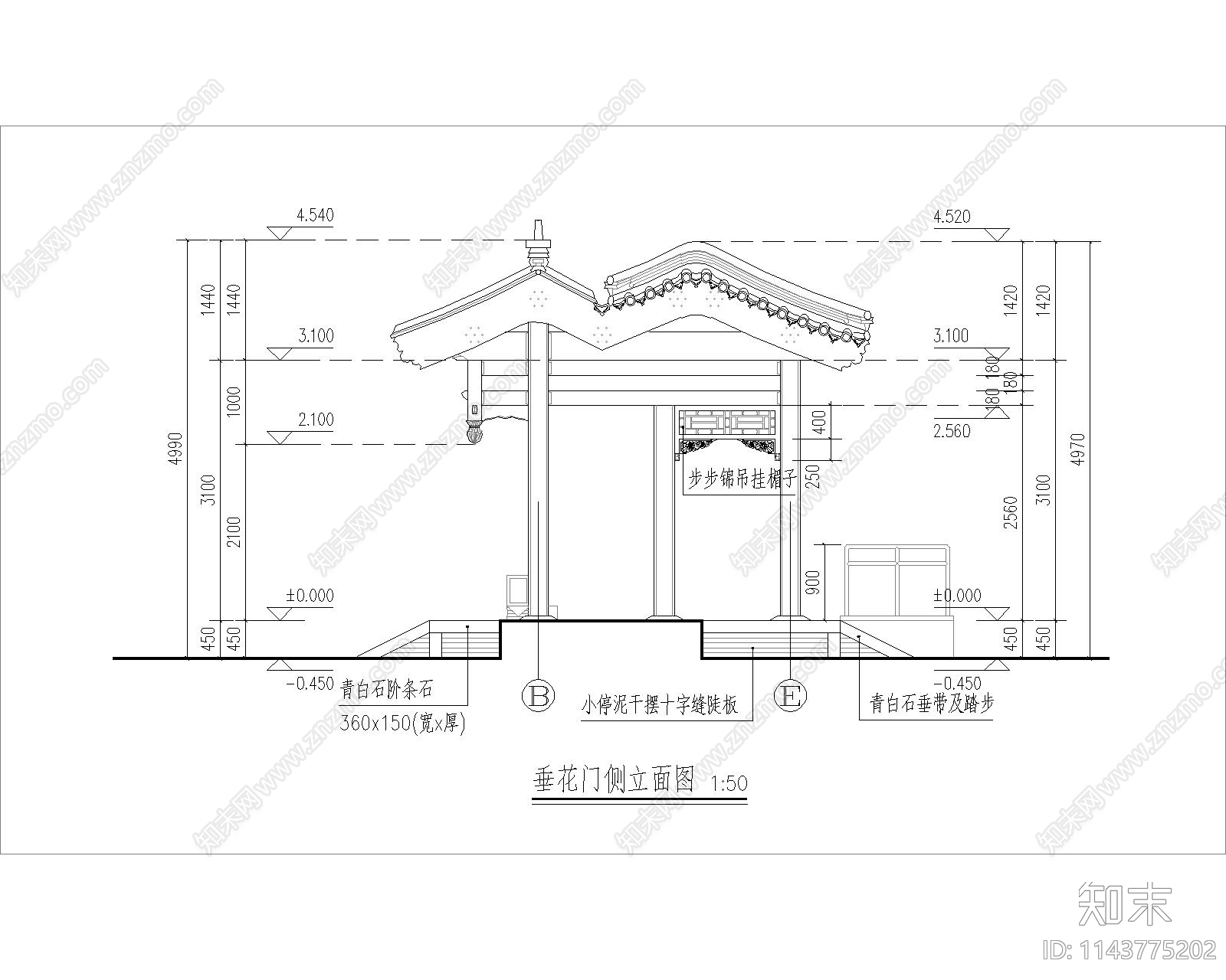 仿古建筑门楼cad施工图下载【ID:1143775202】