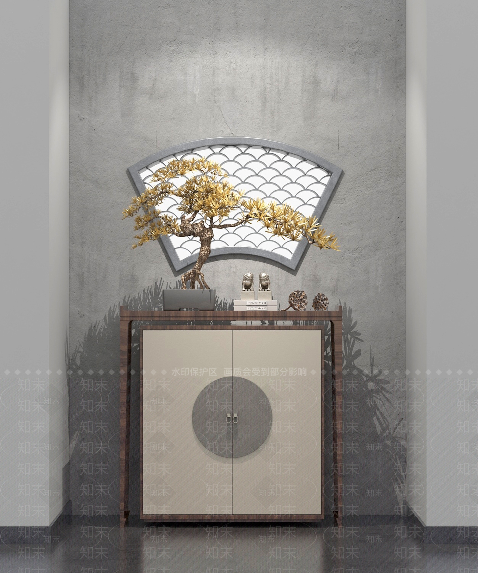 新中式松树盆景屏风隔断边柜3D模型下载【ID:1143794478】