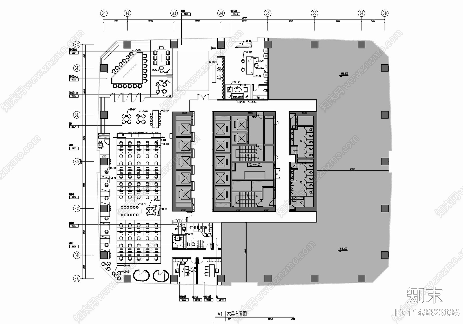 800㎡办公室室内装修cad施工图下载【ID:1143823036】