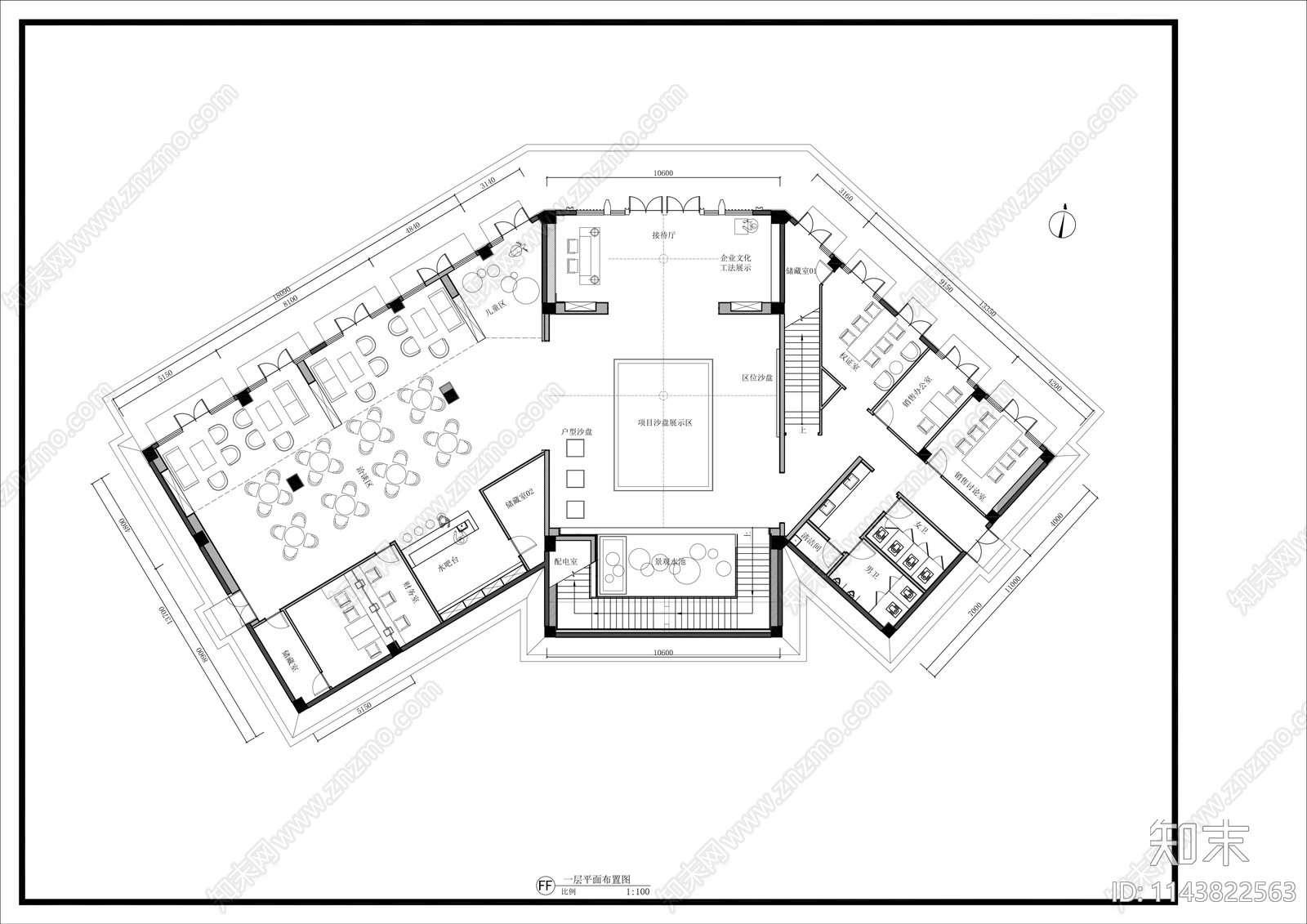 800㎡售楼部室内装修cad施工图下载【ID:1143822563】
