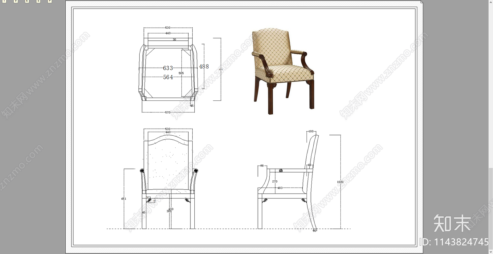 欧式单人椅书椅餐椅三视图cad施工图下载【ID:1143824745】