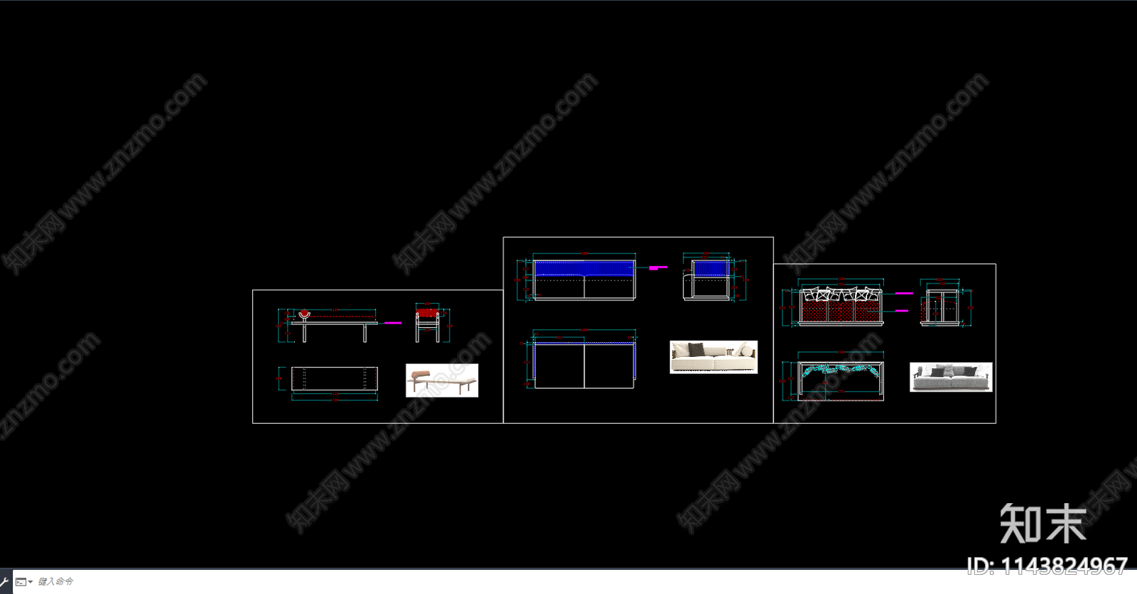 软体沙发多人沙发三视图cad施工图下载【ID:1143824967】