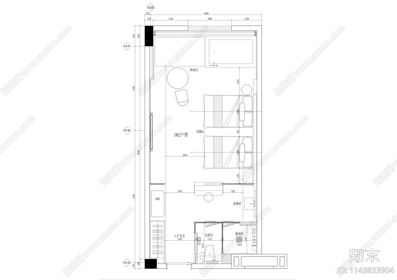 双人房客房室内cad施工图下载【ID:1143833904】