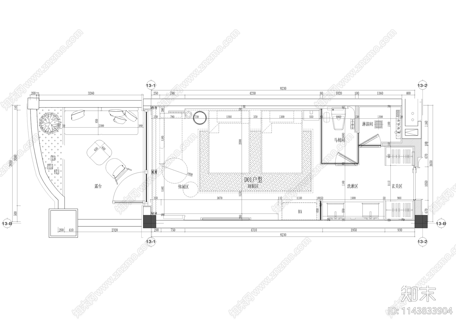 双人房客房室内cad施工图下载【ID:1143833904】