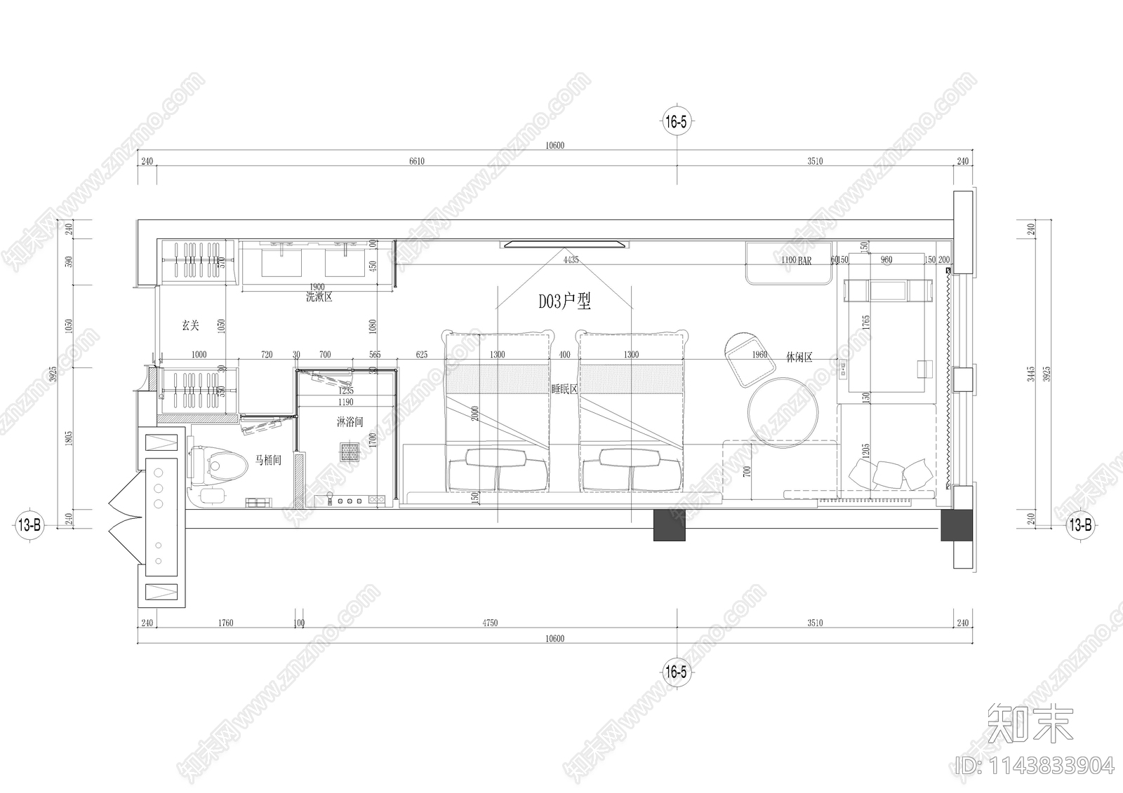 双人房客房室内cad施工图下载【ID:1143833904】