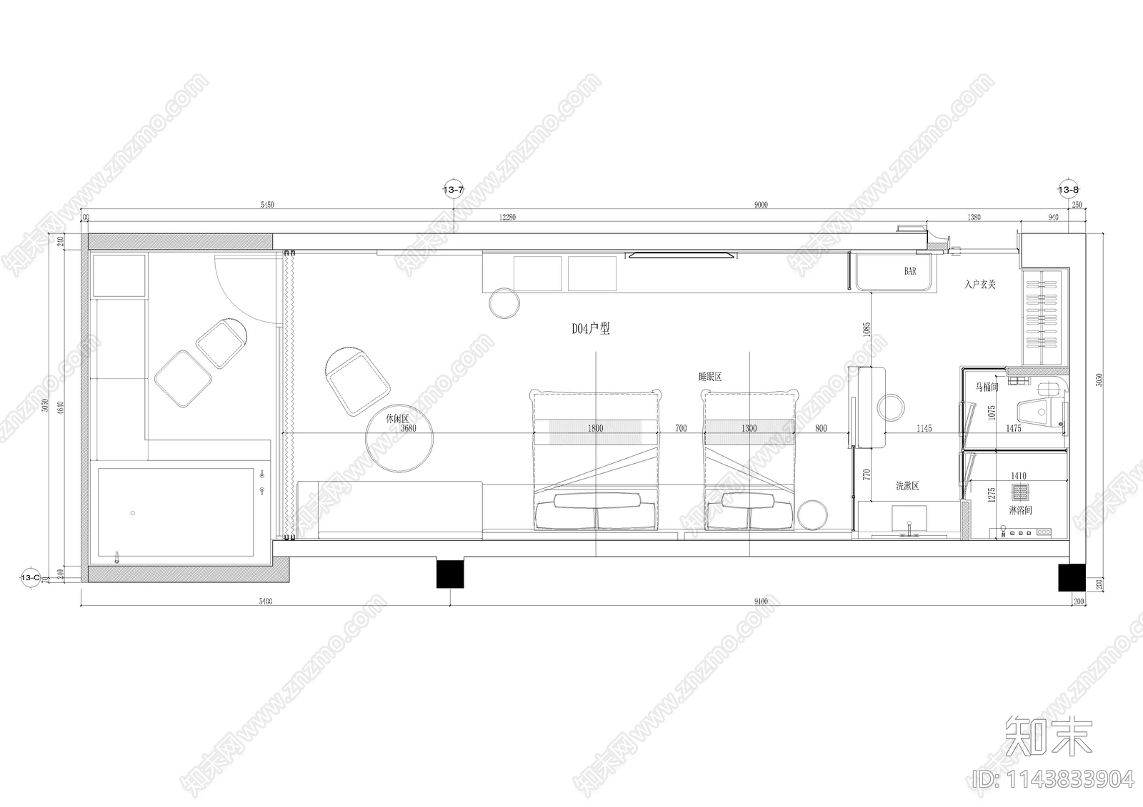 双人房客房室内cad施工图下载【ID:1143833904】