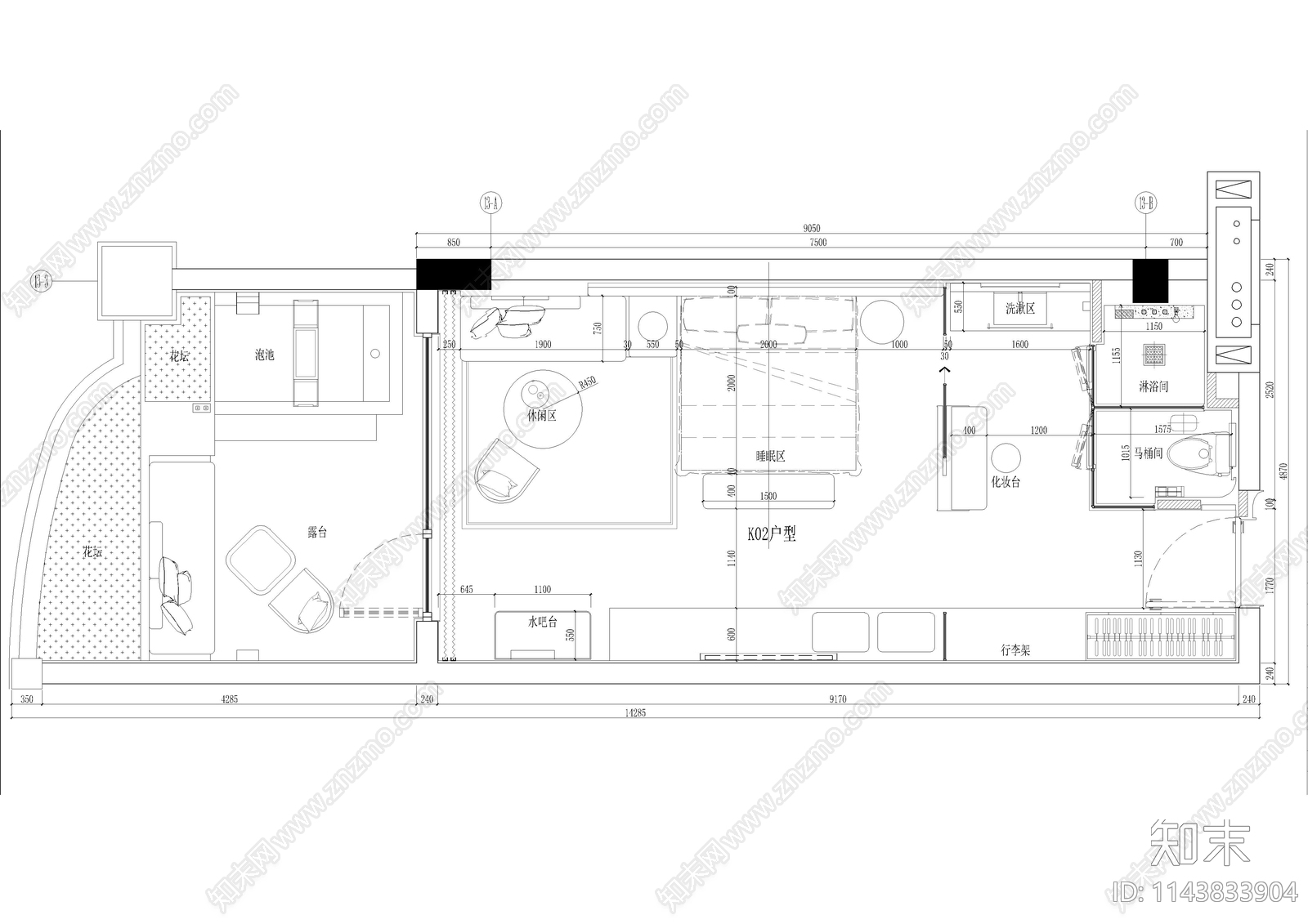 双人房客房室内cad施工图下载【ID:1143833904】