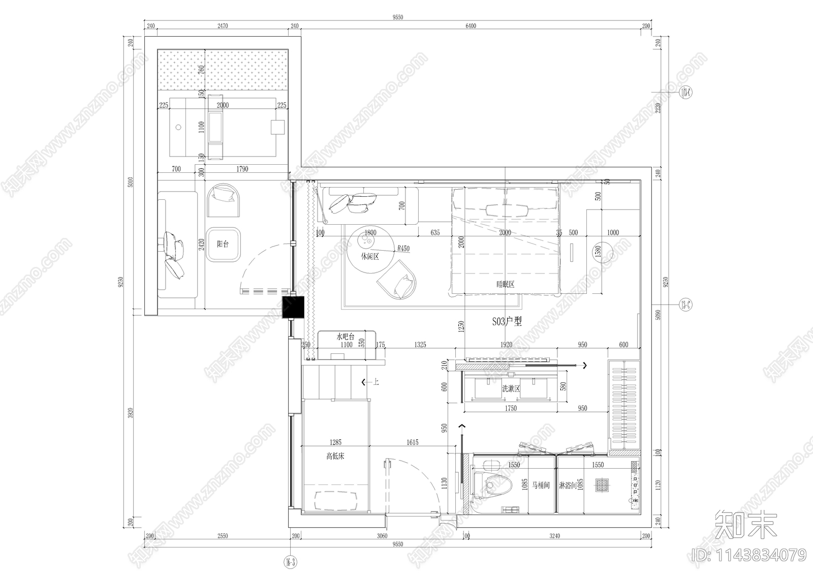 现代酒店客房双间套房室内cad施工图下载【ID:1143834079】