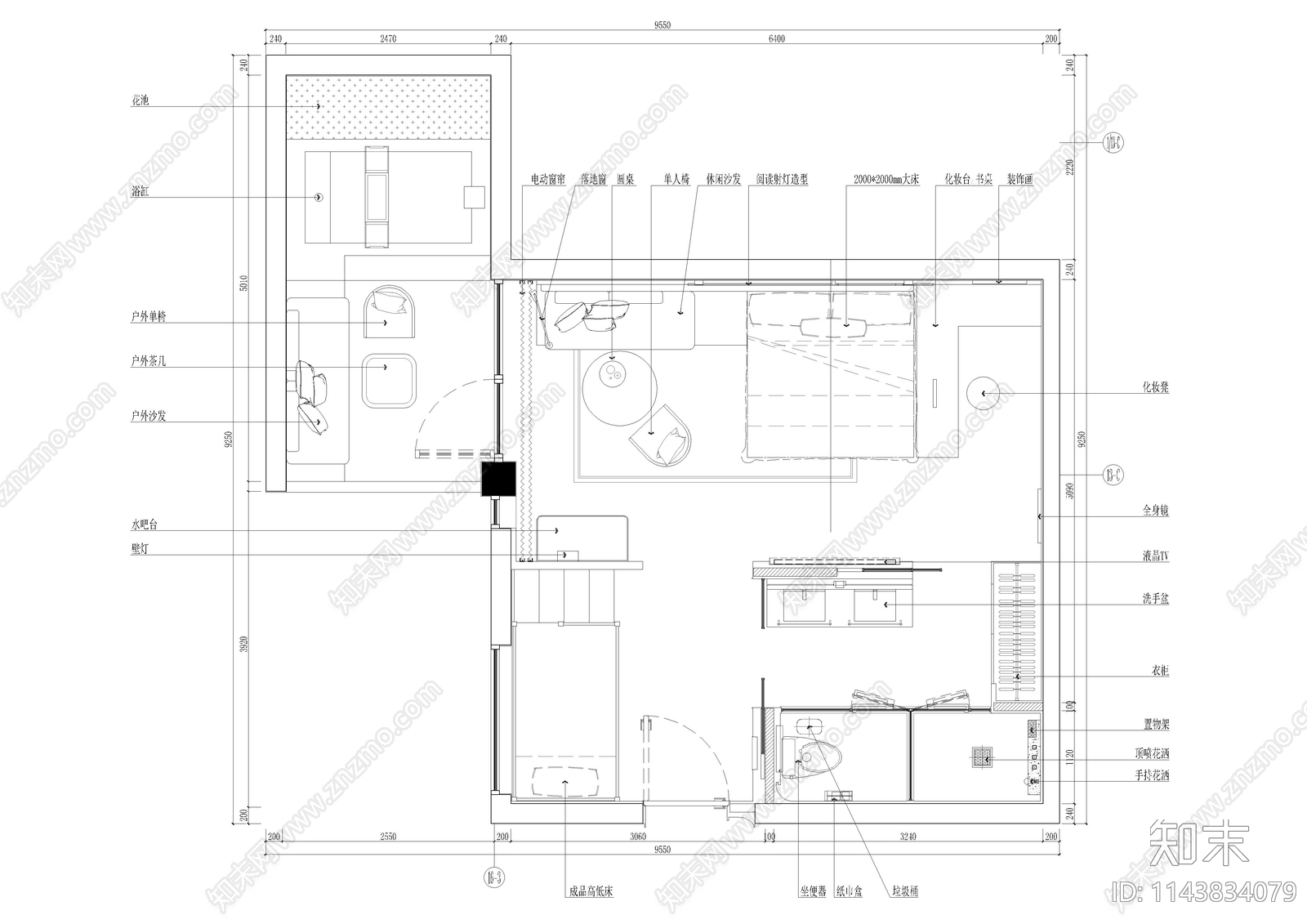 现代酒店客房双间套房室内cad施工图下载【ID:1143834079】