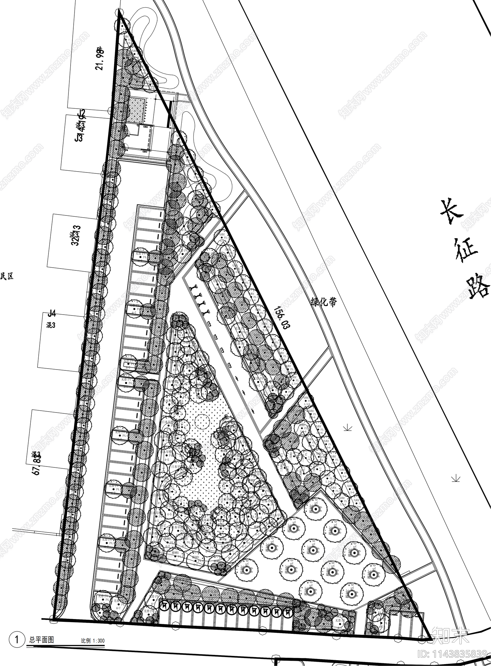 三角地块口袋公园景观平面图施工图下载【ID:1143835839】