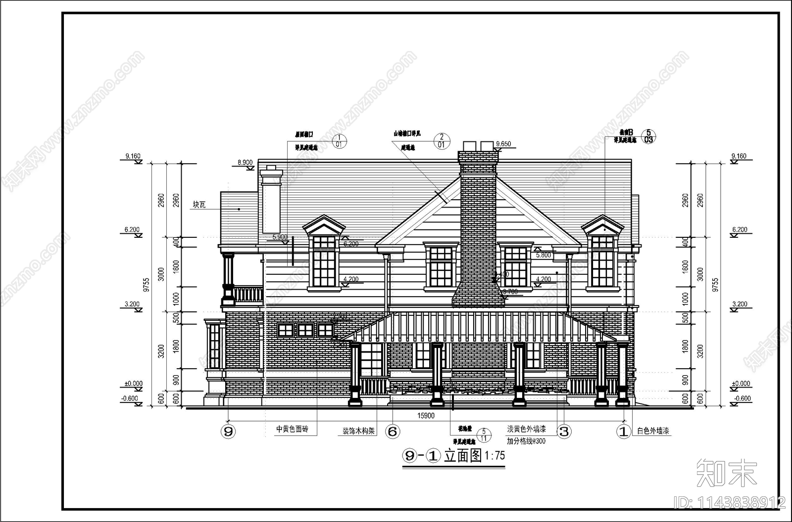 欧式二层高档别墅建筑cad施工图下载【ID:1143838912】