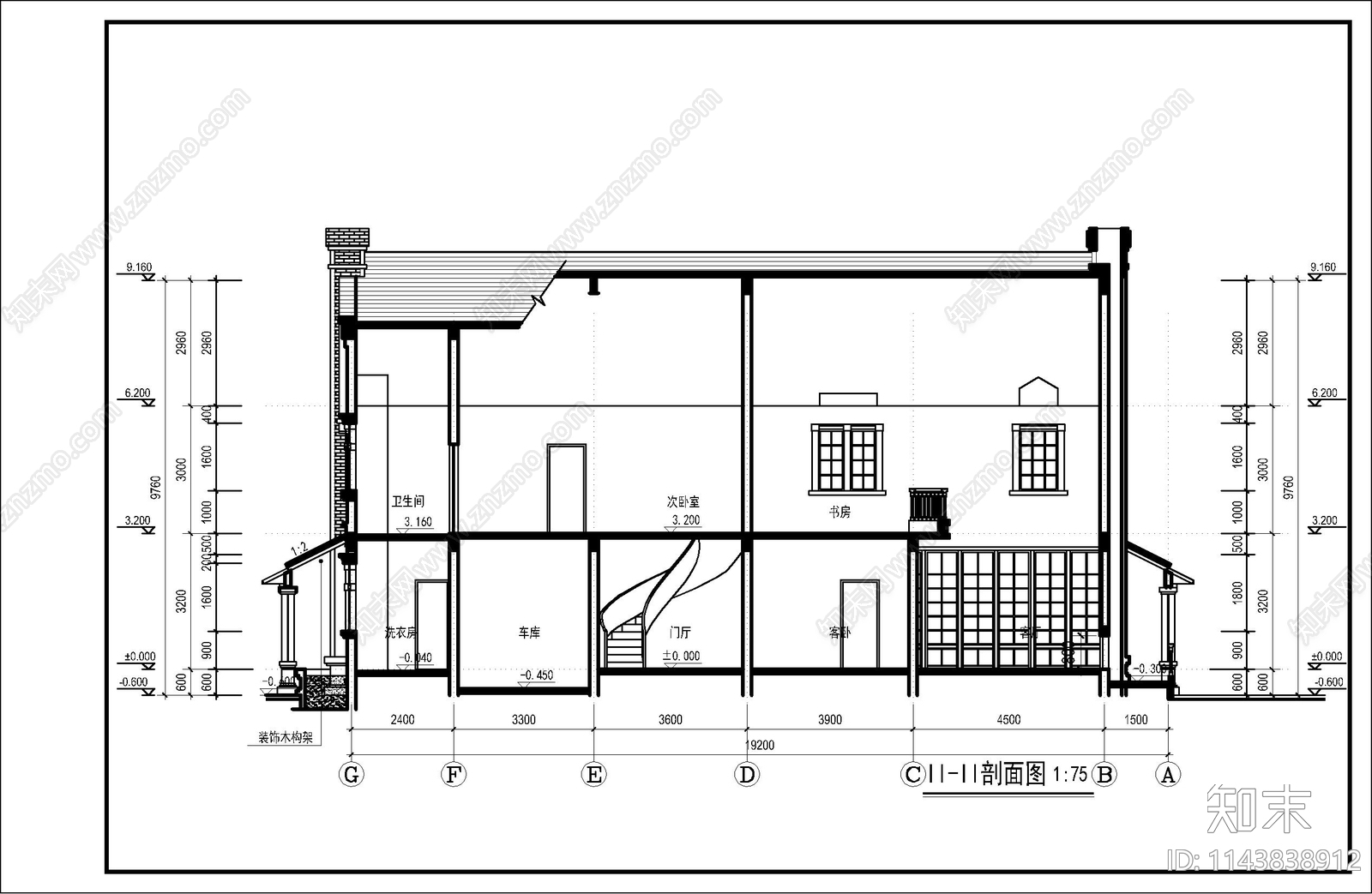 欧式二层高档别墅建筑cad施工图下载【ID:1143838912】