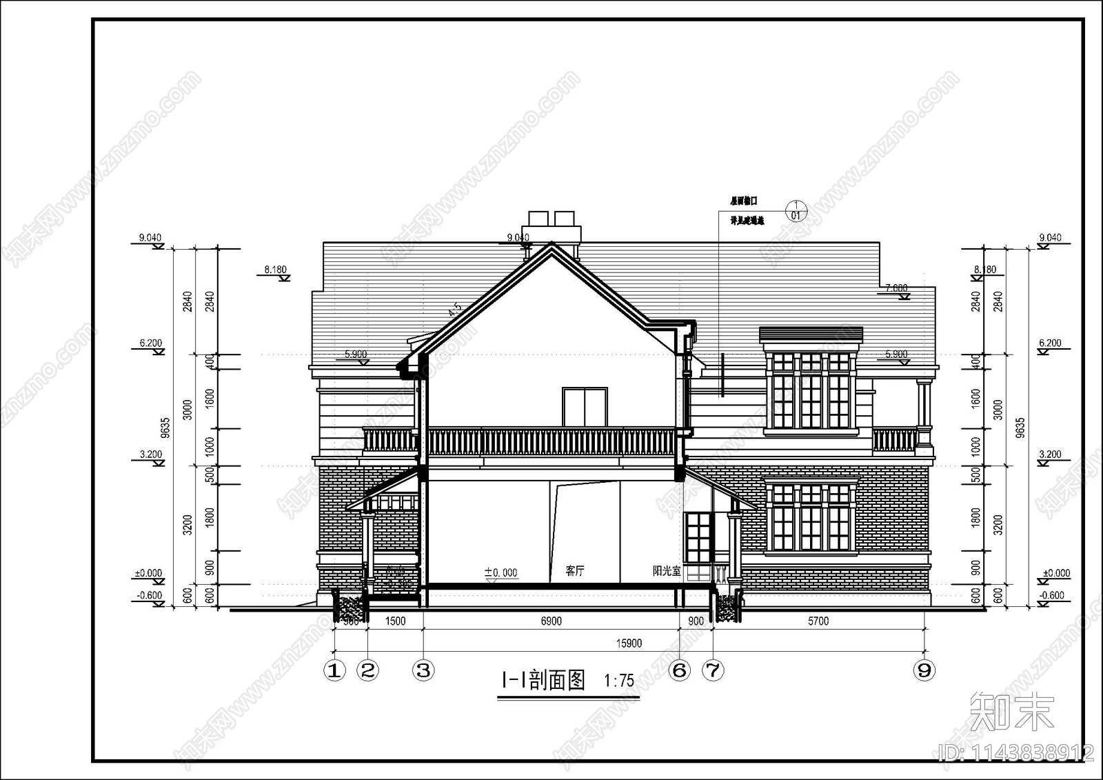 欧式二层高档别墅建筑cad施工图下载【ID:1143838912】