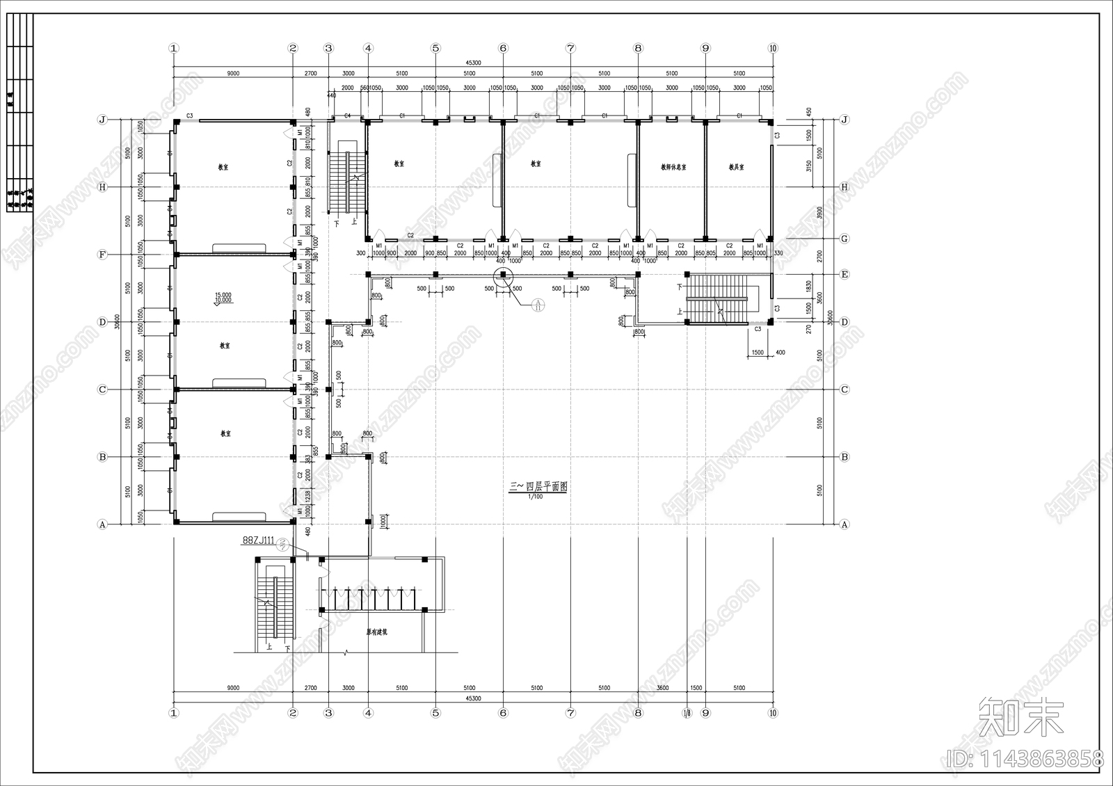 某高中学校教学楼建筑cad施工图下载【ID:1143863858】