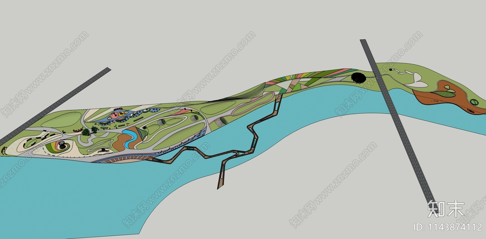 现代千米河道滨水景观SU模型下载【ID:1143874112】