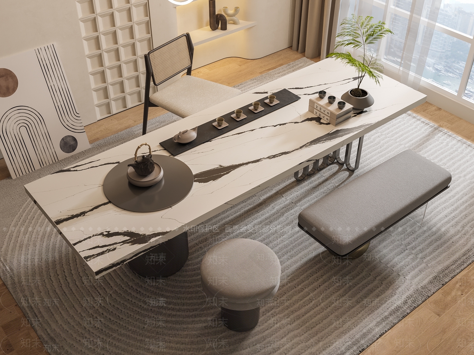 现代茶桌椅组合3D模型下载【ID:1143874555】