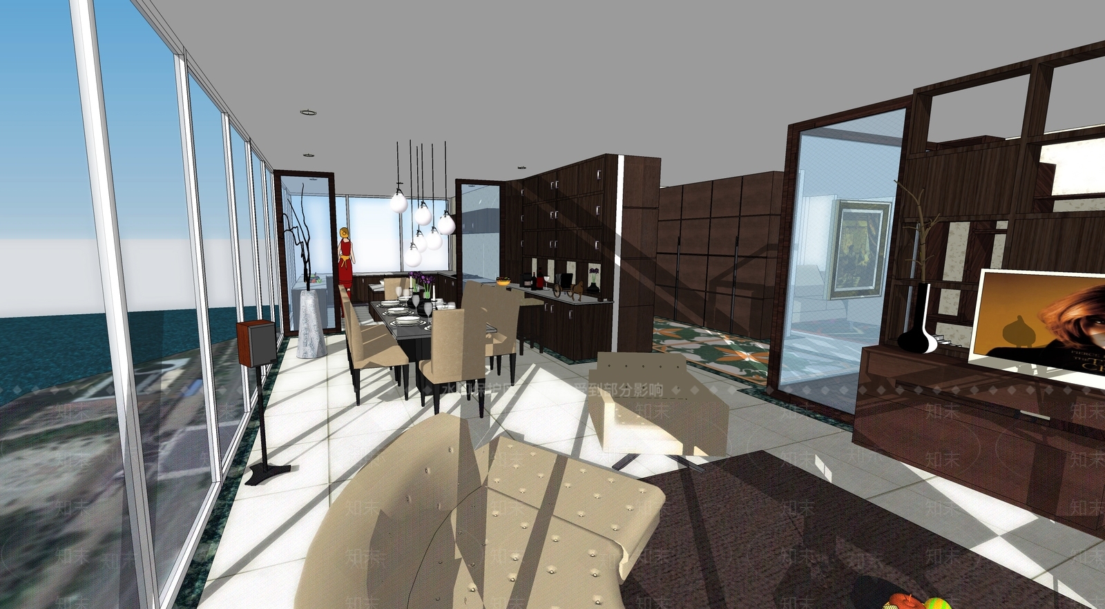 现代风格家居客餐厅SU模型下载【ID:1143888355】