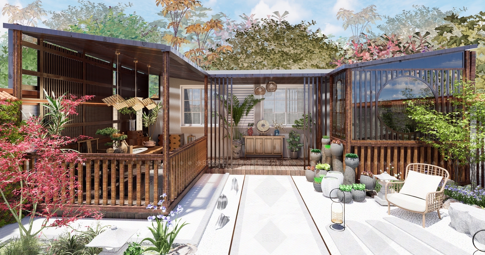 新中式屋顶花园SU模型下载【ID:1143899430】