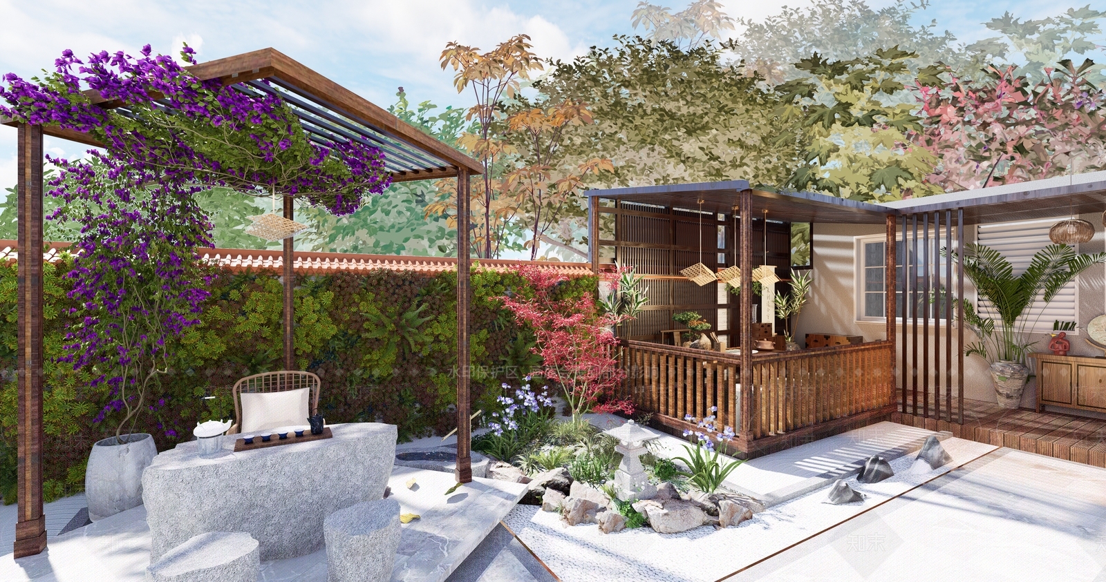 新中式屋顶花园SU模型下载【ID:1143899430】