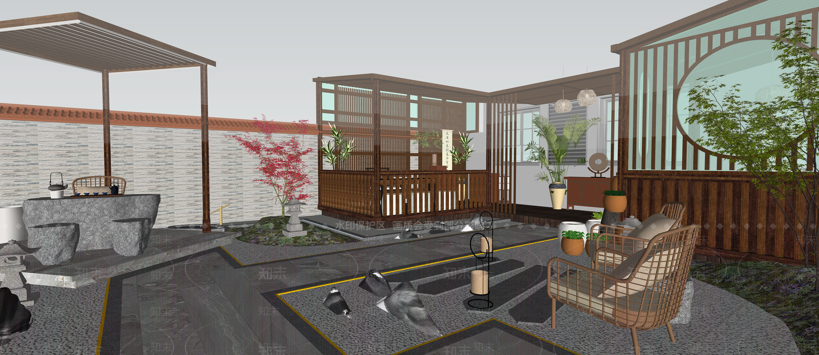 新中式屋顶花园SU模型下载【ID:1143899430】