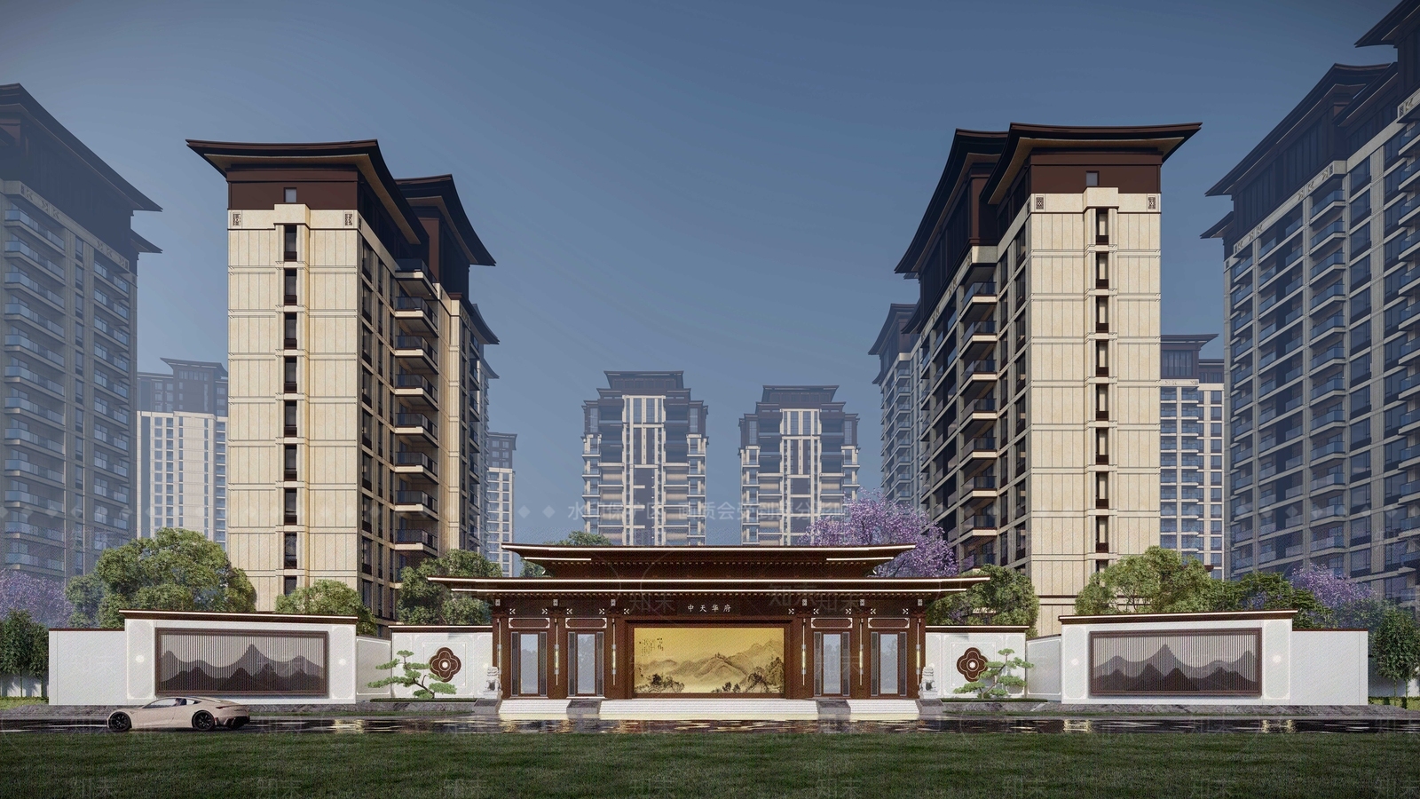 新中式住宅展示区入口大门SU模型下载【ID:1143904707】
