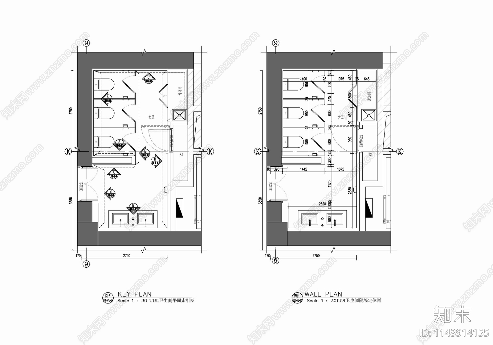 办公楼大堂公区电梯厅cad施工图下载【ID:1143914155】