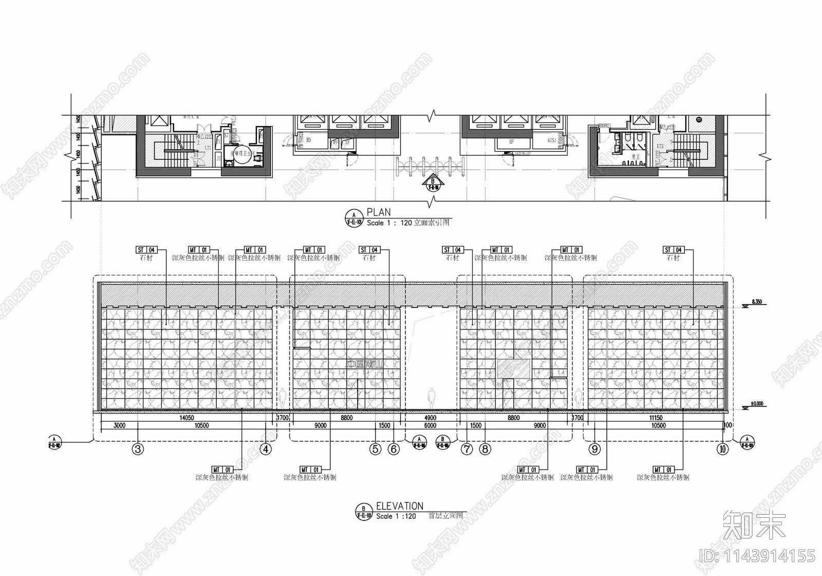 办公楼大堂公区电梯厅cad施工图下载【ID:1143914155】