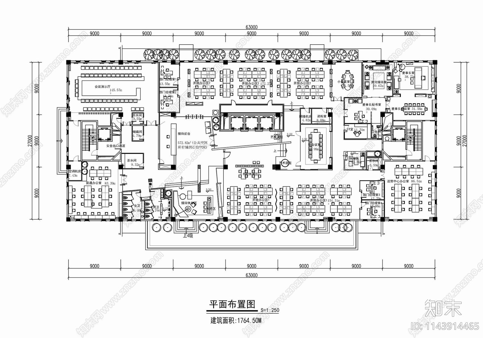 1800㎡办公室室内cad施工图下载【ID:1143914465】