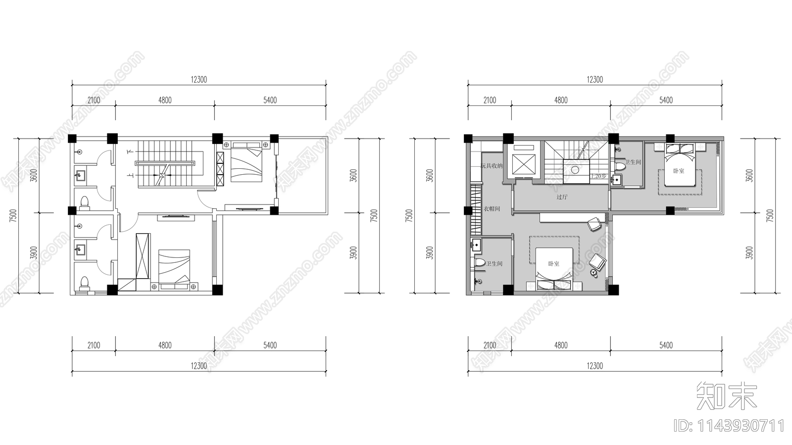 500㎡现代简约别墅室内平面布置图cad施工图下载【ID:1143930711】