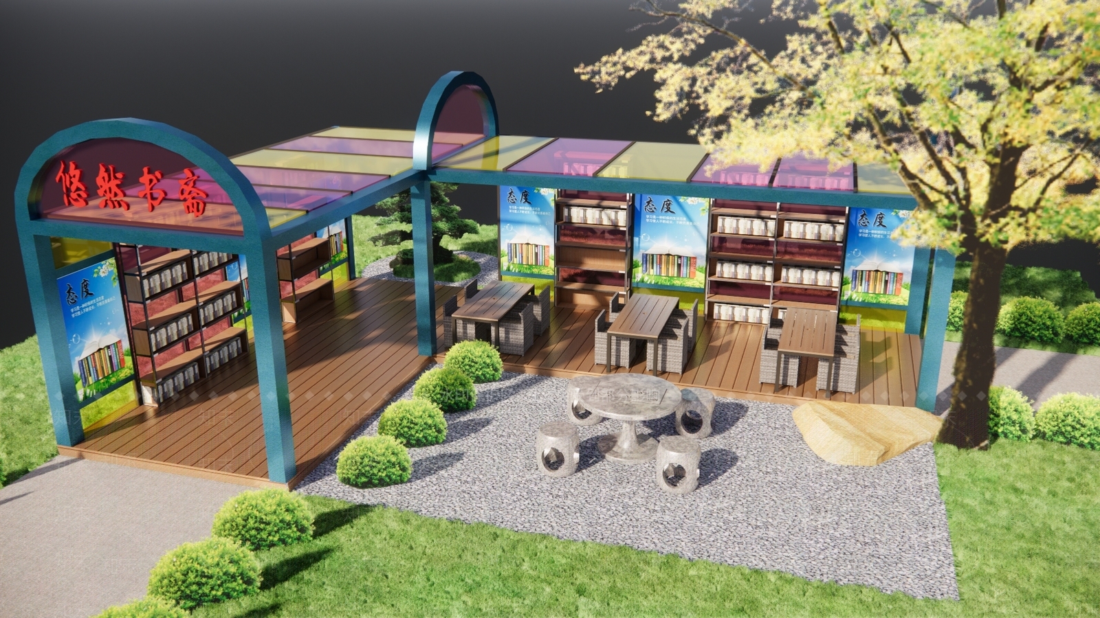 现代校园文化户外书吧廊架SU模型下载【ID:1143940423】