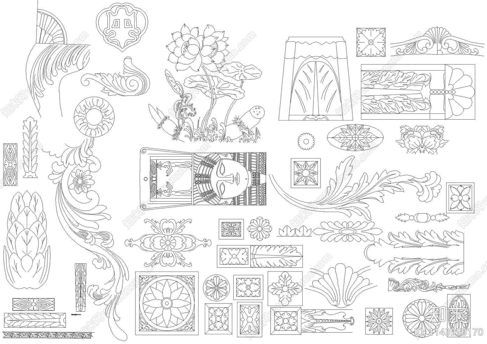 中式雕花牌匾格栅屏风施工图下载【ID:1143950170】