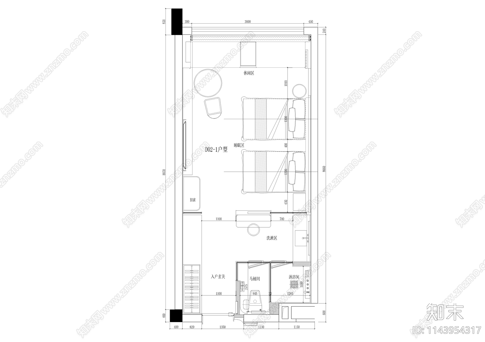 酒店双人房客房室内cad施工图下载【ID:1143954317】