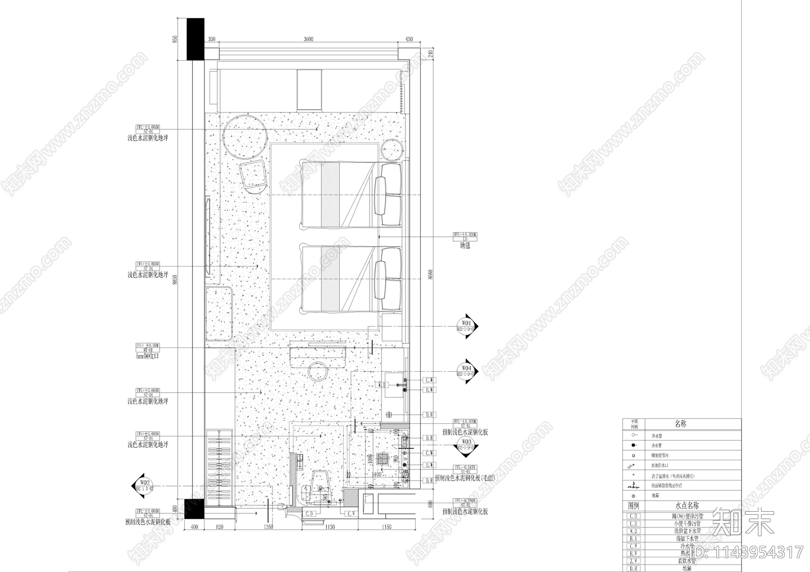 酒店双人房客房室内cad施工图下载【ID:1143954317】