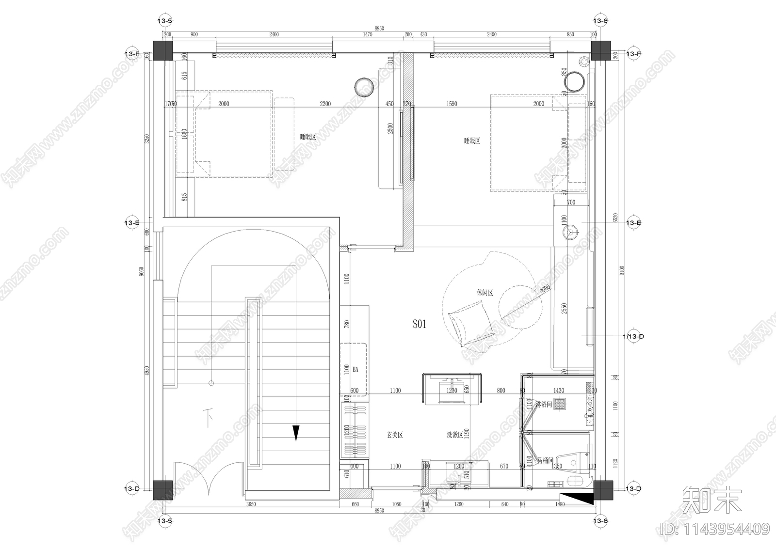 温泉酒店客房套房室内cad施工图下载【ID:1143954409】
