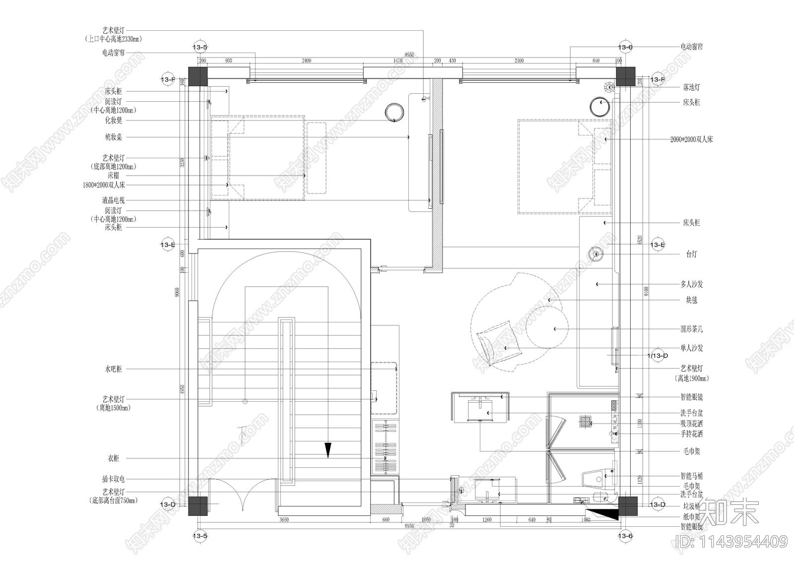 温泉酒店客房套房室内cad施工图下载【ID:1143954409】